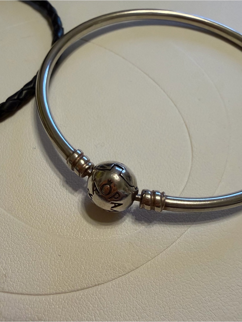 Pandora Silver Bangle and Black Braided Leather Bracelet Set 7.5” - Picture 6 of 6